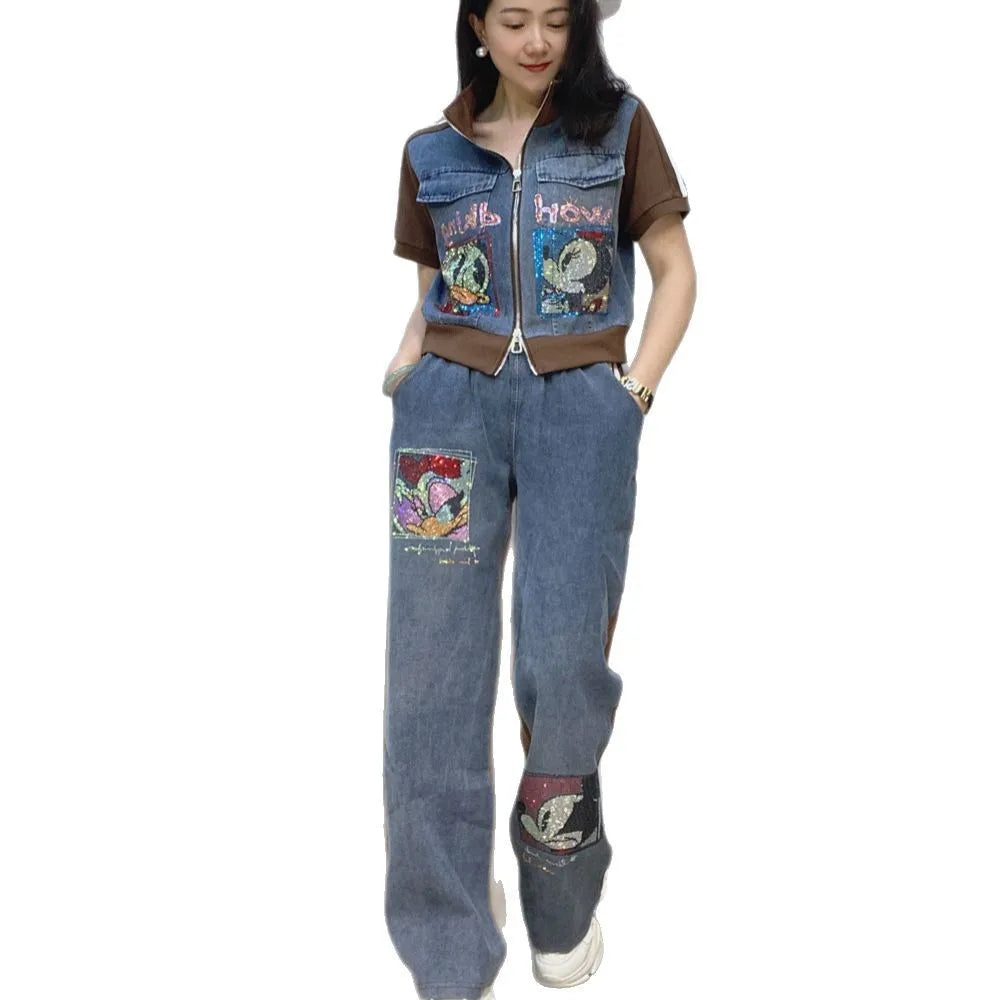 Maxy Short Zipper Cardigan and Pant Two-piece Sets Women Summer Fashion Sportswear Short Sleeve Top Long Pants Hot Diamond Denim Suit