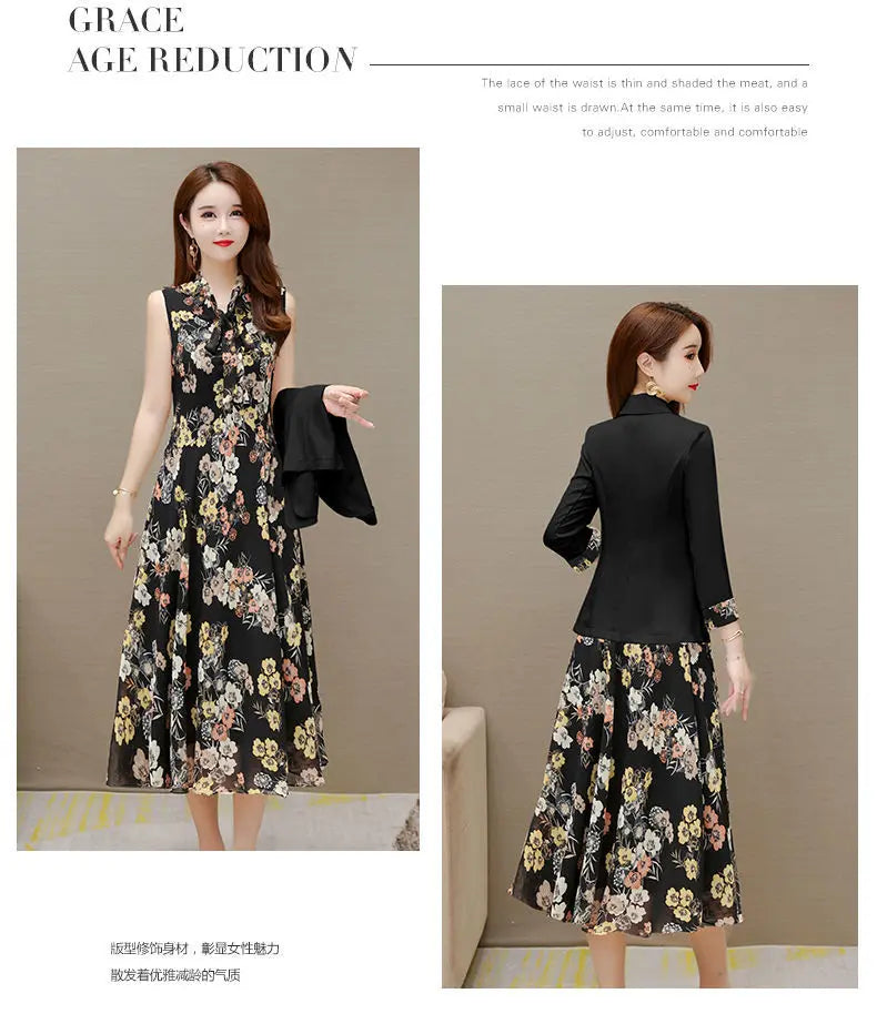 Korean Babs Elegant Suit Jacket Dress Set Women's Autumn New Fashion Blazer Coat Chiffon Floral Dresses Two Piece Female Clothing