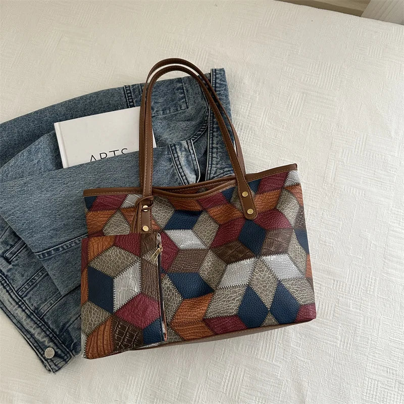 Maxy Vintage Patchwork PU Leather Casual Tote Bags for Women, Large Capacity Shoulder Bag Ladies Handbags And Purses
