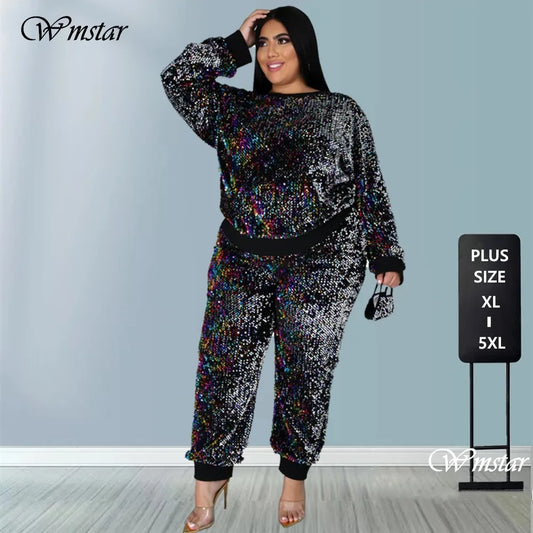 Maxy Winter Plus Size S-5XL Clothing For Women Two Piece Set Sequins Birthday Outfit Joggers Tracksuit