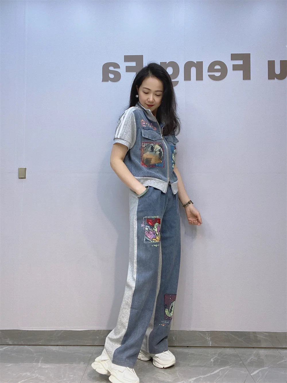 Maxy Short Zipper Cardigan and Pant Two-piece Sets Women Summer Fashion Sportswear Short Sleeve Top Long Pants Hot Diamond Denim Suit