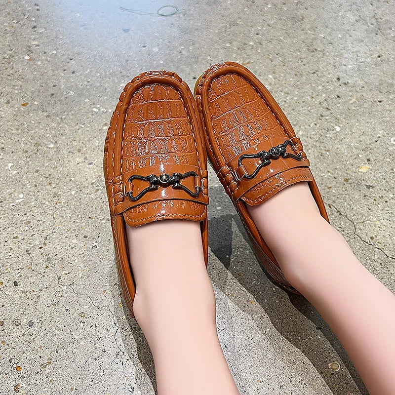 Visco Boys Leather Shoes Round-toe Flat Soft Kids Fashion Casual Loafers Glossy Metal Buckle Children Moccasins Non-slip Britain Style