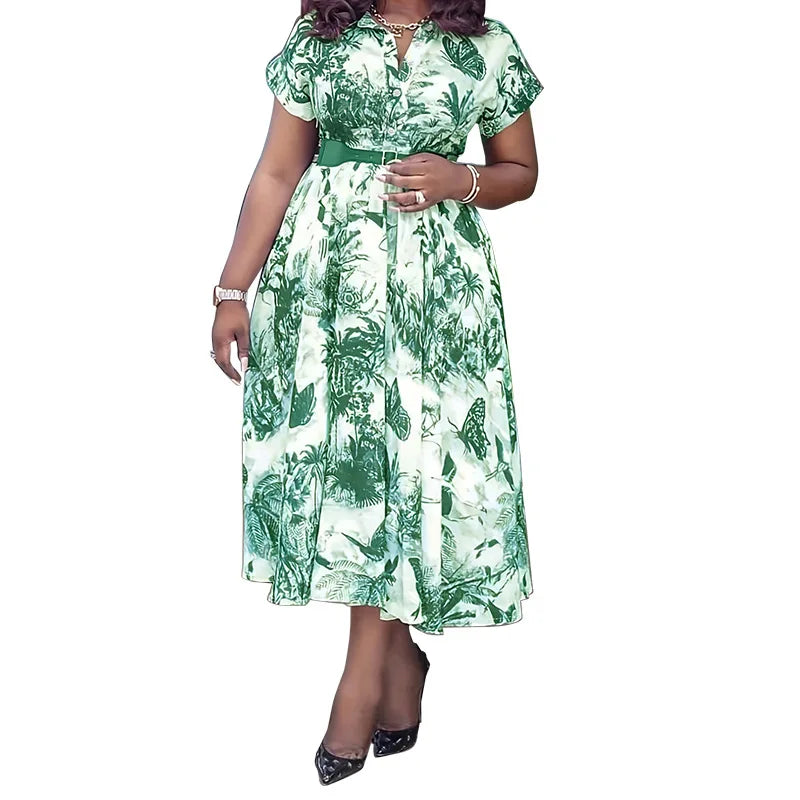Amay Women Elegant Printed Party Dress Turn Down Collar Short Sleeve Pleated A-Line With Belt African Office Work Wear Plus Size 5XL
