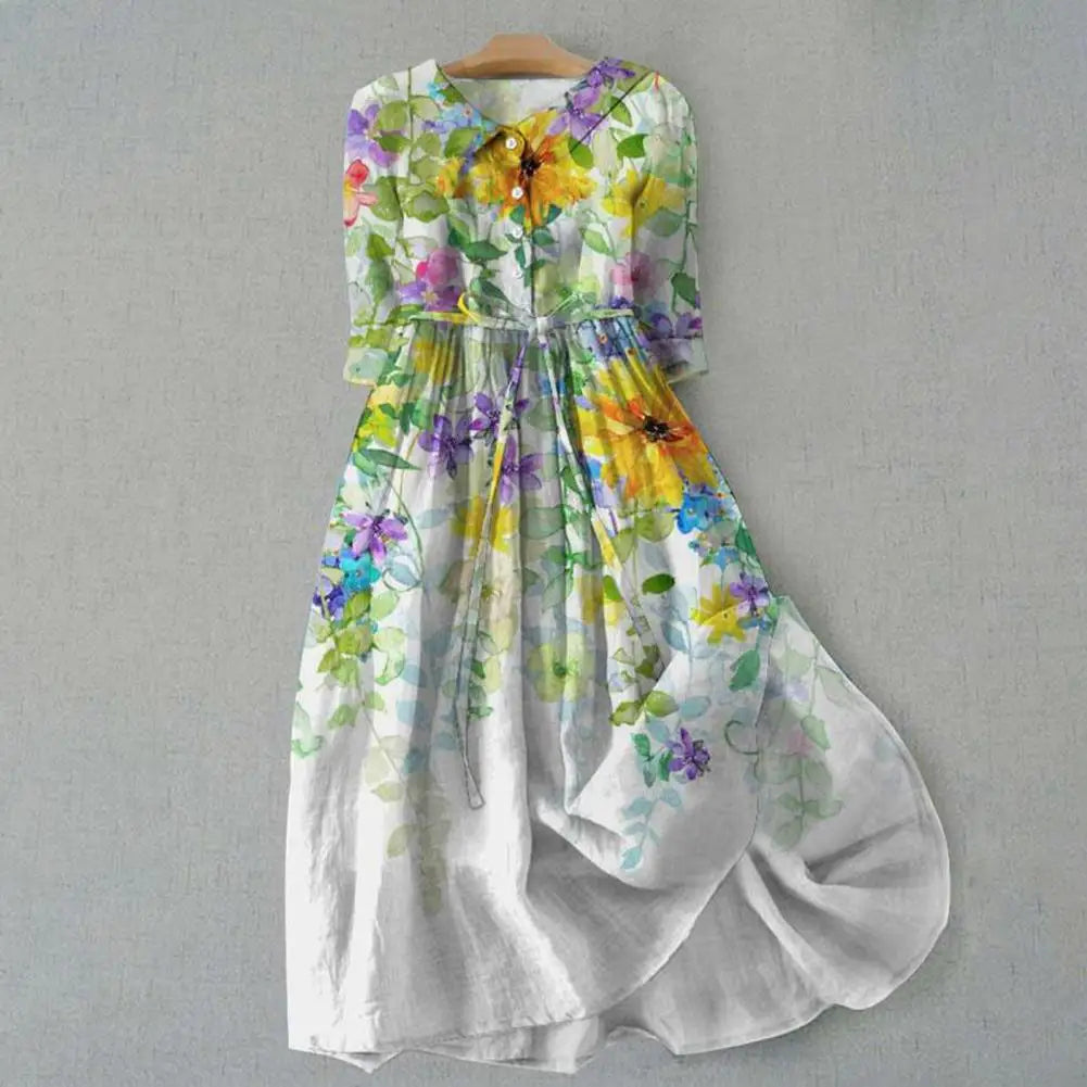 Babs Dating Dress Bohemian Style Dress Bohemian Style Pleated Lace-up Belt Midi Dress for Women Turn-down Collar A-line Loose