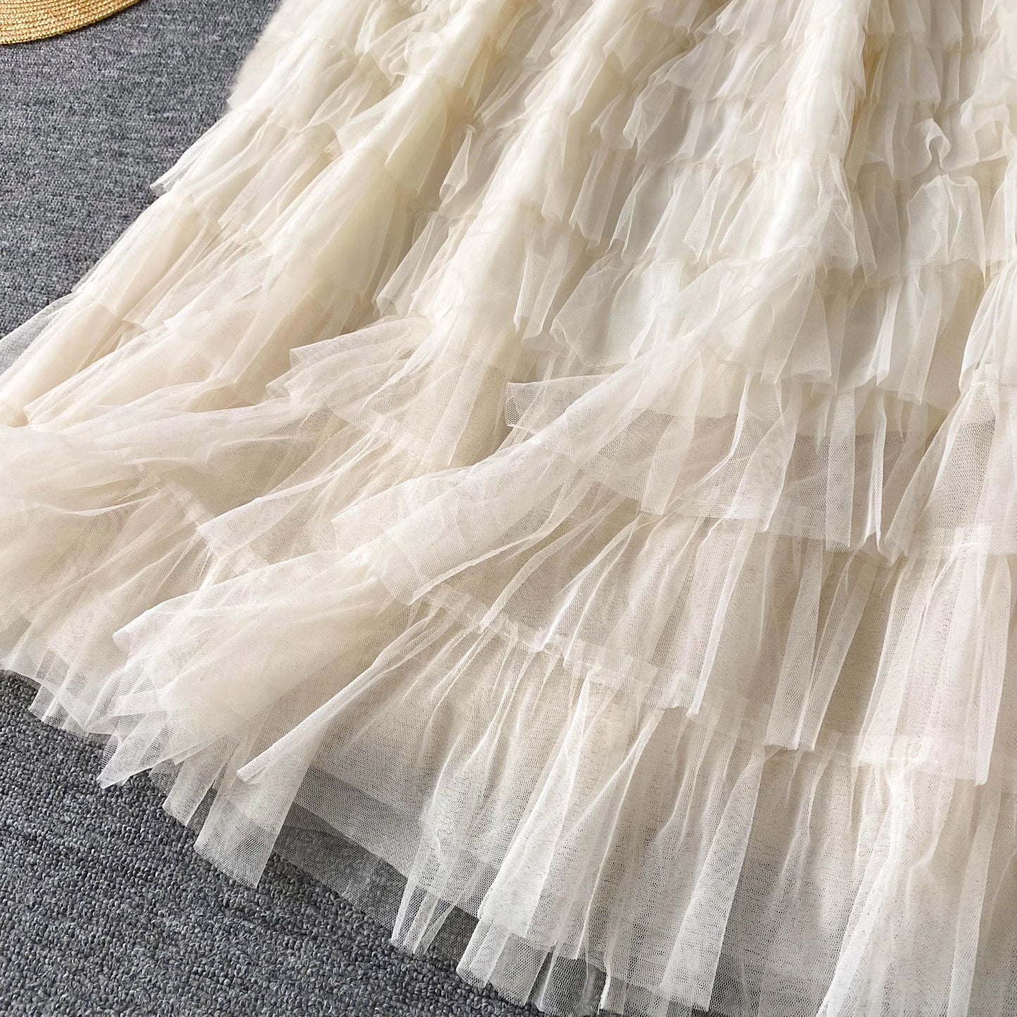 Maxy Fairycore Fashion Newest Chic Dresses Women O-Neck Short Sleeve Mesh Splice Design Vacation Summer Cake Long Dress