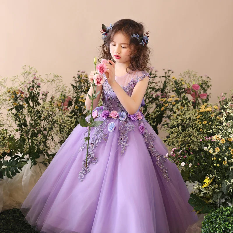 Macy Princess Kid Girls Prom Elegant Dress Tulle robe de Princess Tutu Piano Costume Purple Birthday Party Christmas Easter Host Dress Clothes