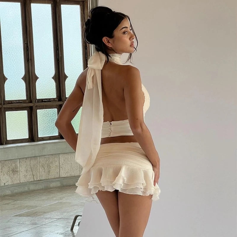 Wheremery Elegant Two-piece Y2K Summer New White Sexy V-neck Backless Women's Top and Pleated Lace Mini Skirt Women's Set