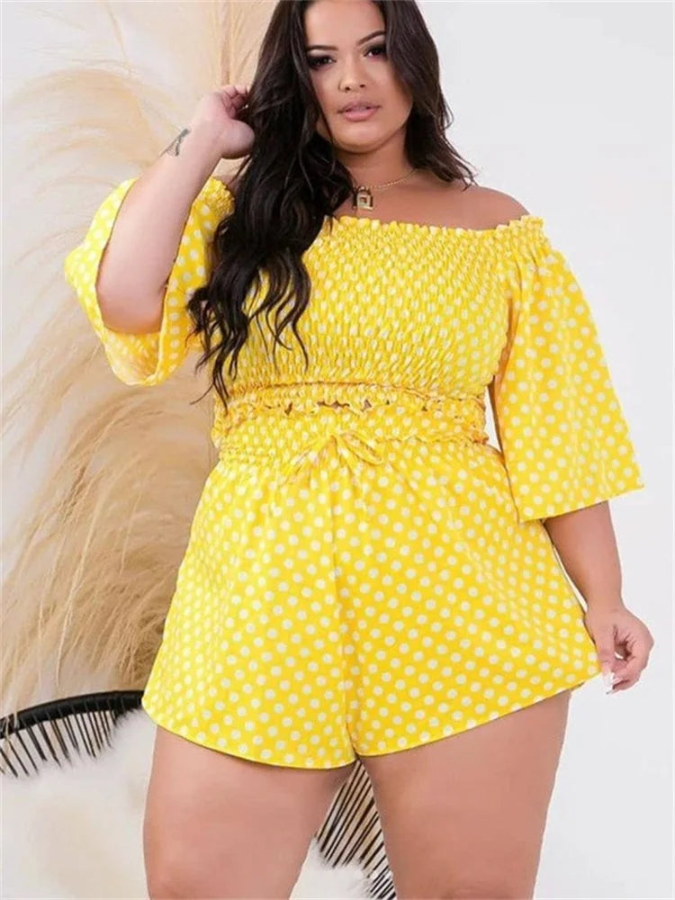 Maxy Plus Size Two Piece Set Women's Clothing Off Shoulder Short Sets Dot Print Top Sweet Suit Summer dresses