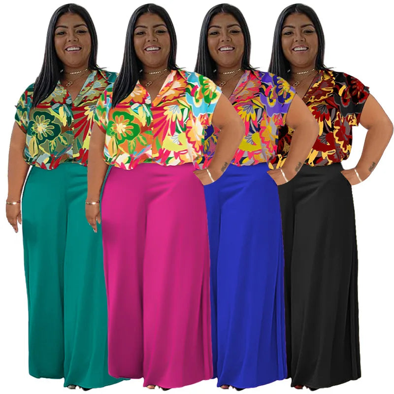 Maxy Plus Size Two Piece Sets Women Clothing Printed T-shirts Tops and Solid Pants Wide Leg Pockets