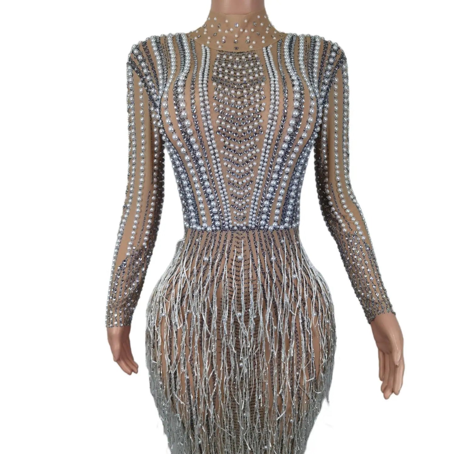 Macy Luxury Pearl Tassel Mermaid Evening Dresses for Women Wedding Party Long Sleeve Formal Gowns Lady Bodycon Diamond Long Dresses