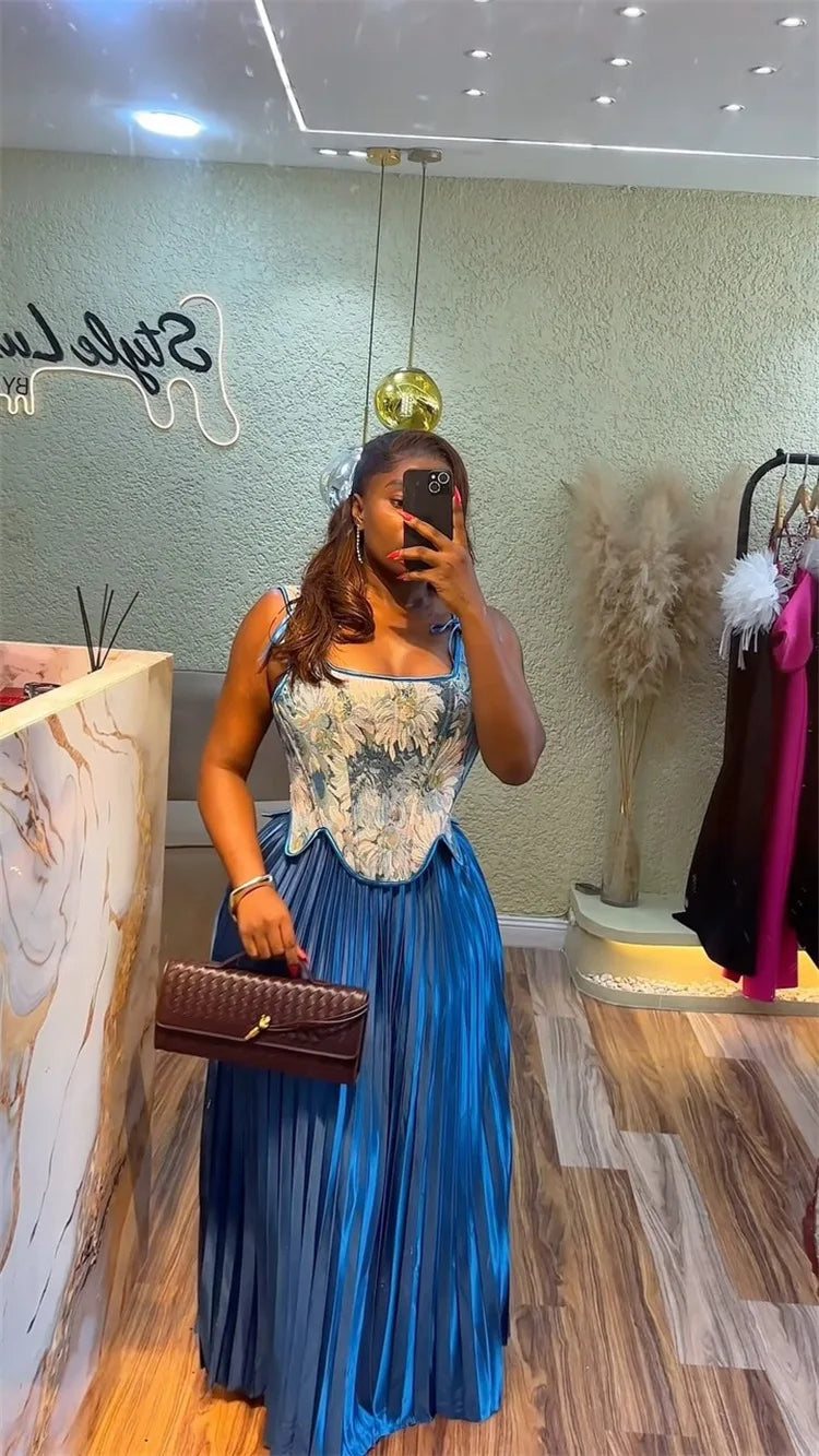 Maxy CM.YAYA Women's Set Floral Print Waist-cinching Vest +Pleated Long Skirts Suit 2025 Party Evening Street Two 2 Piece Set Outfit