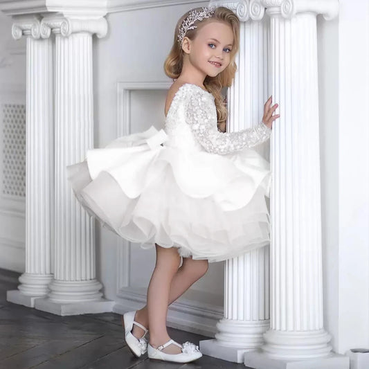 Maxy Princess Long Sleeve Sequin White Wedding Girls Party Dresses Formal Bow Birthday Princess Dress for Girl Baptism Bridesmaid Kids Clothes