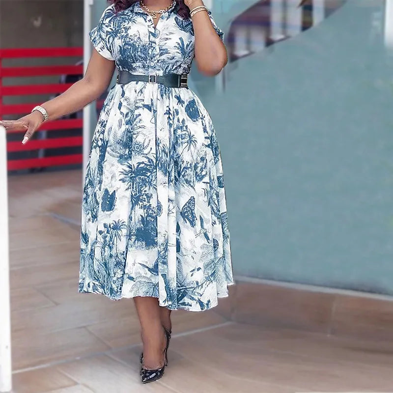 Amay Women Elegant Printed Party Dress Turn Down Collar Short Sleeve Pleated A-Line With Belt African Office Work Wear Plus Size 5XL