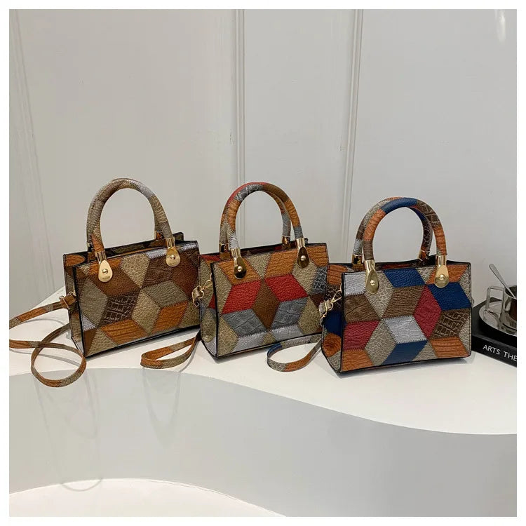 Maxy Fashion Patchwork Leather PU Top-handle Bags For Women, Square Design Ladies Handbags Crossbody Shoulder Bags For Daily Used