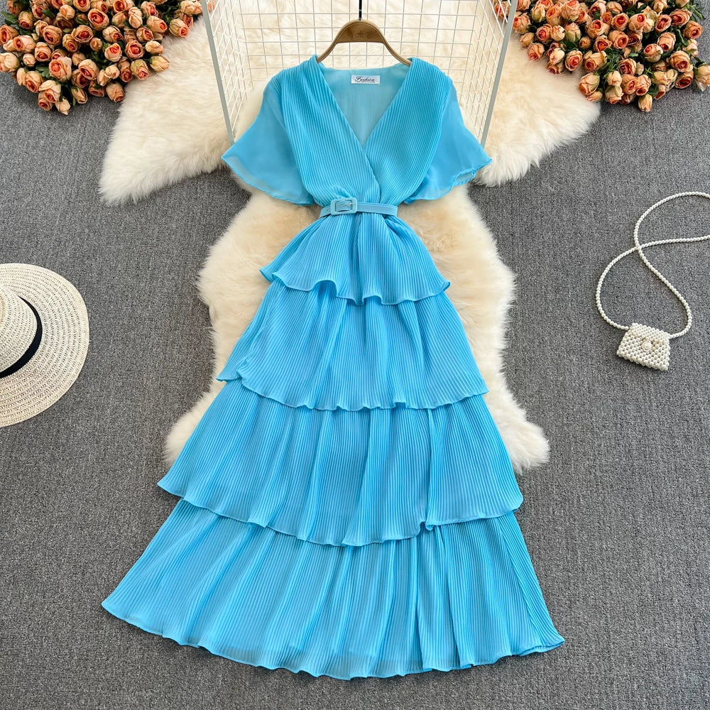 Babs Summer Beach Long Dress Women Elegant V-Neck Short Sleeve Cascading Ruffles Big Swing Female Red/Green/Pink Maxy Robe