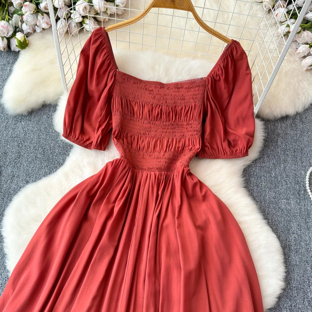 Babs Chic Elegant Square Collar Macy Dress Women Solid Short Puff Sleeve Dresses 2024 Korean Fashion Vintage Ruffle Vestidos