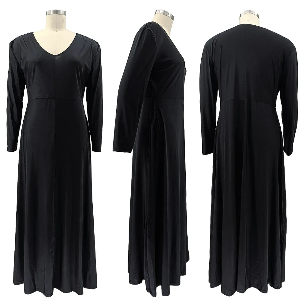 Maxy Plus Size Party Dresses Women Clothing 2024 V Neck Long Sleeve Solid Loose Elegant Maxy Dresses