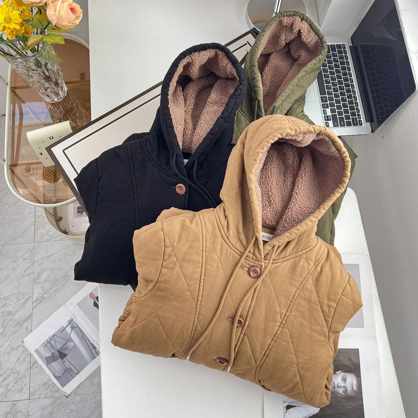 Winter 100kg Simple Mid-length Fleece Lining Hooded Cotton-padded Jacket Plus Size Women's Thick Warm Parka