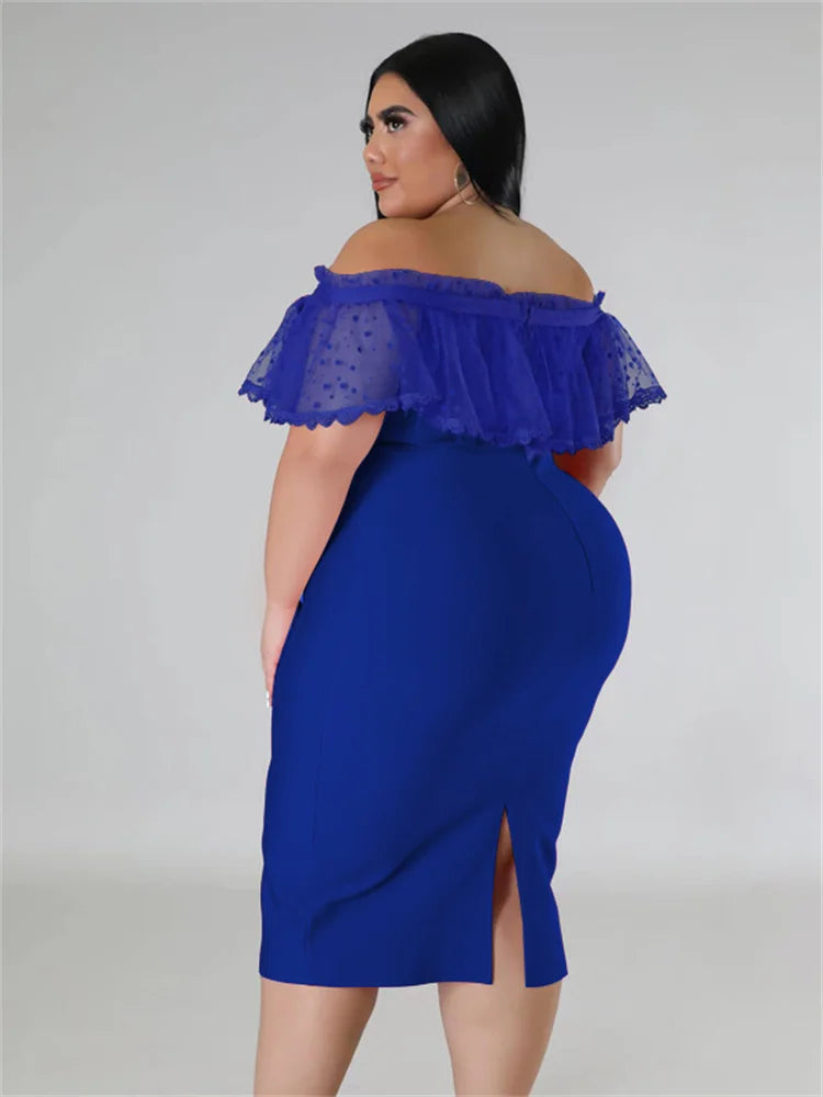 Maxy Plus Size Party Dress Women Clothing Solid Mesh Patchwork Off Shoulder Dress Fashion Outfits