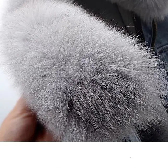 Maxy Short Thicken Denim Jacket For women Autumn Winter Detachable Imitation Fox fur Zipper Denim Coat Female Warm Parker Tops