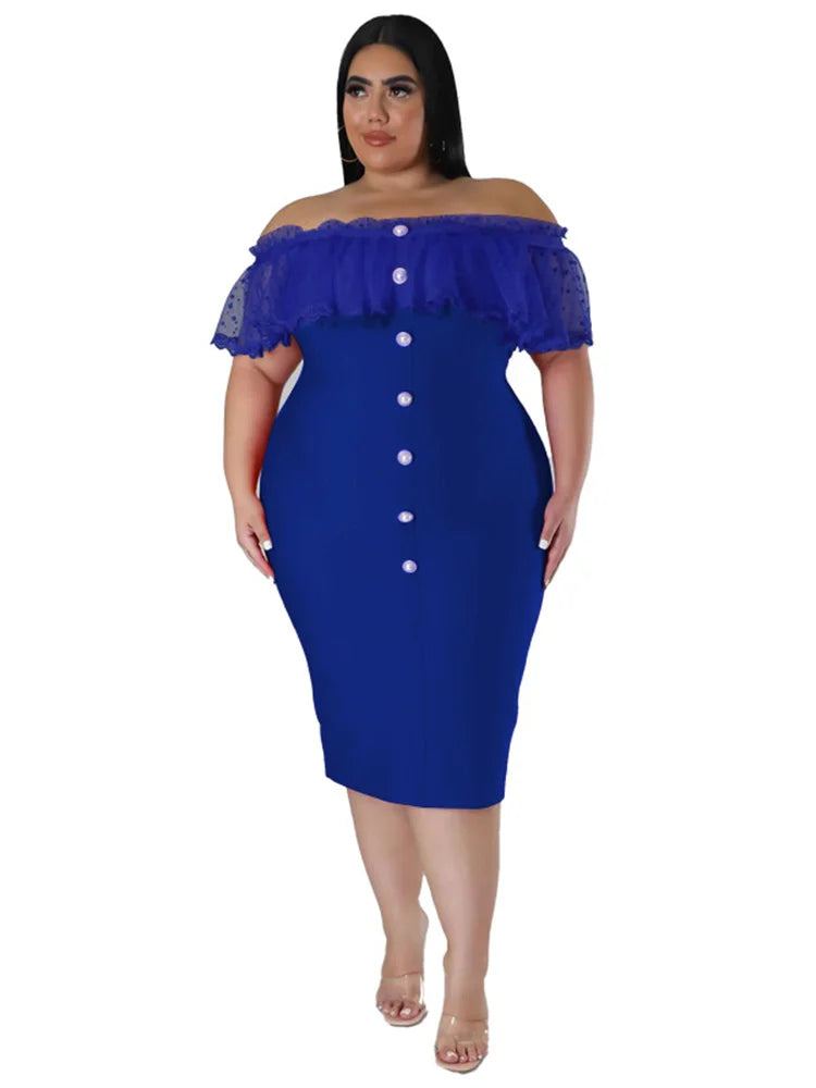 Maxy Plus Size Party Dress Women Clothing Solid Mesh Patchwork Off Shoulder Dress Fashion Outfits