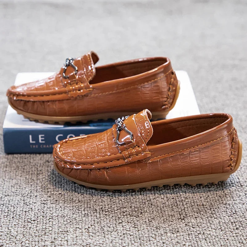 Visco Boys Leather Shoes Round-toe Flat Soft Kids Fashion Casual Loafers Glossy Metal Buckle Children Moccasins Non-slip Britain Style