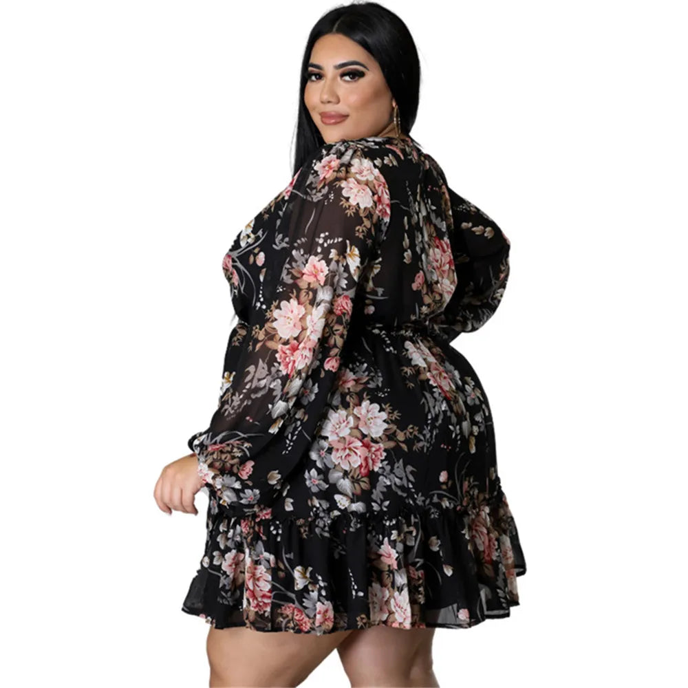 Maxy Dresses Women Plus Size 5xl Sexy Party Flower Print Mini Dress Loose Elegant Casual Outfits 2022 Wholesale Dropshipping