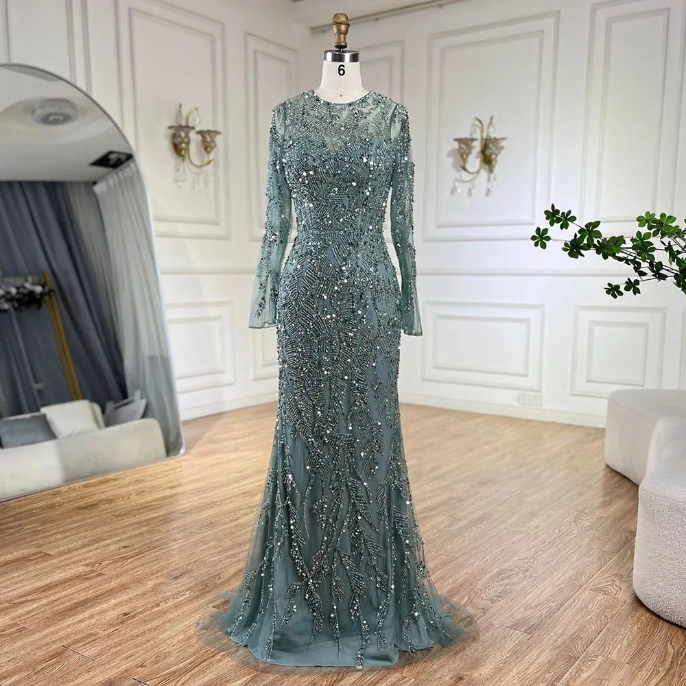 Maxy Serene Hill Arabic Turquoise Mermaid Gown with Tulle Overskirt And Beaded | Evening Dresses LA72601 Customized