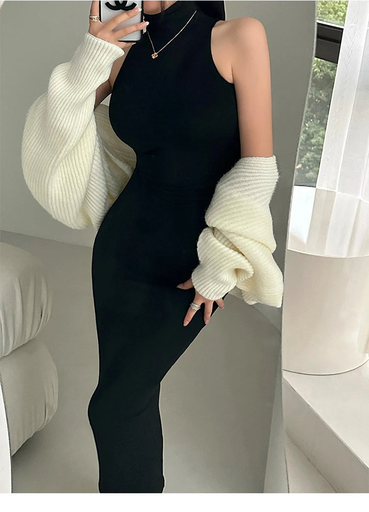 Maxy Red Fashion Sexy Turtleneck Midi Dress Women Party Club Ladies Bodycon Elastic Peach Hip Elegant Long Dresses for Woman