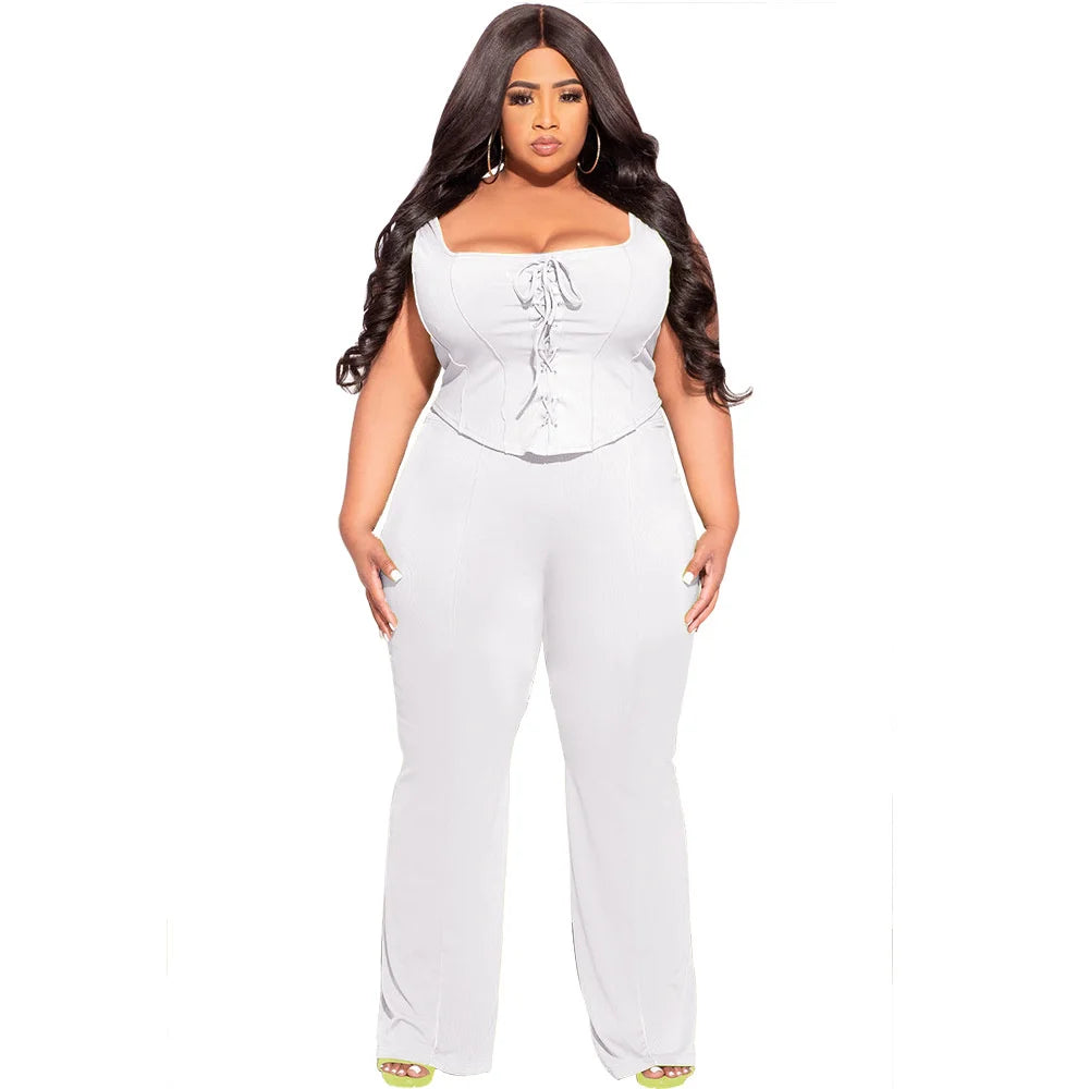 Maxy Plus Size Women Clothing 2 Piece Outfits Summer Bandage Top Flared Pants Fashion Matching Sets