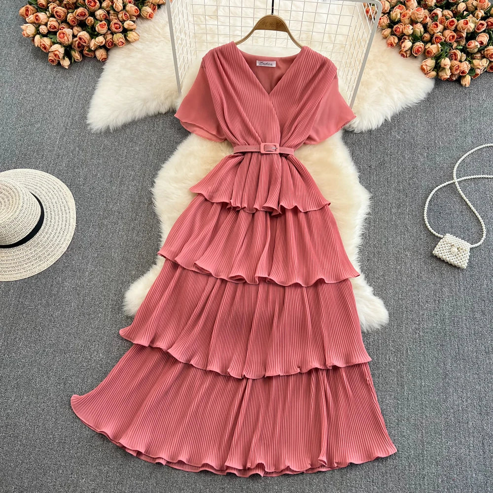 Babs Summer Beach Long Dress Women Elegant V-Neck Short Sleeve Cascading Ruffles Big Swing Female Red/Green/Pink Maxy Robe