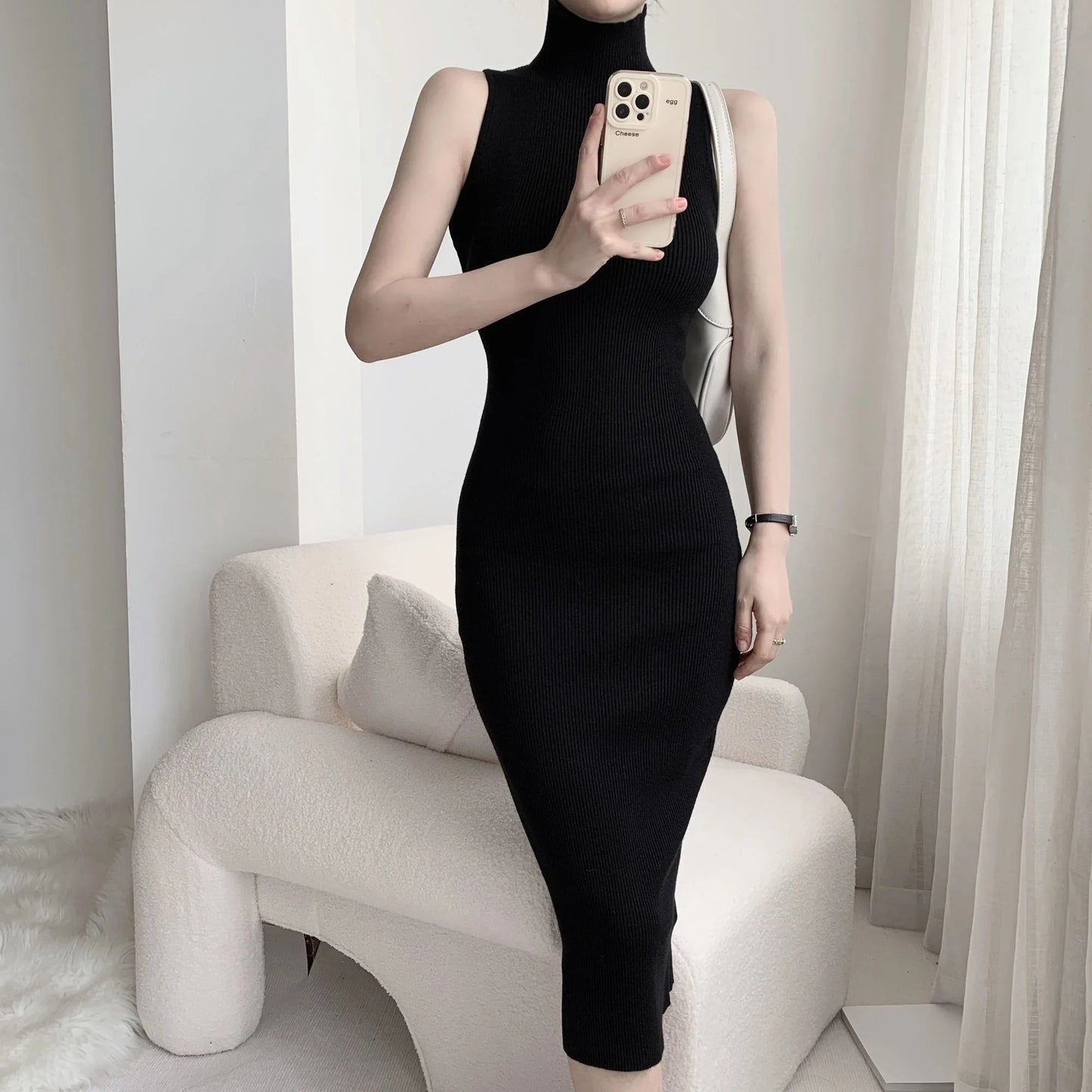 Maxy WOMEN GAGA French Turtleneck Sleeveless Knitted Dress Women Autumn Slim High Waist Mid Length Slim Hip Wrap Dresses Tops DH8G