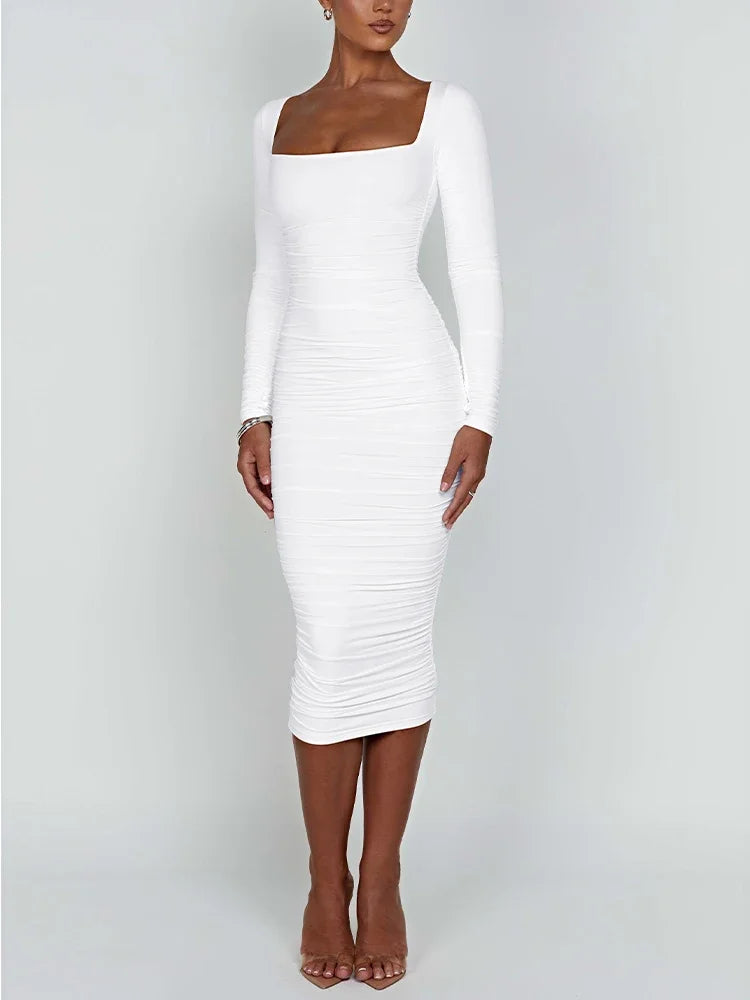 Maxy Autumn and Winter Women Sexy Bodycon Dress Square Neck Long Sleeved Ladies Evening Dresses