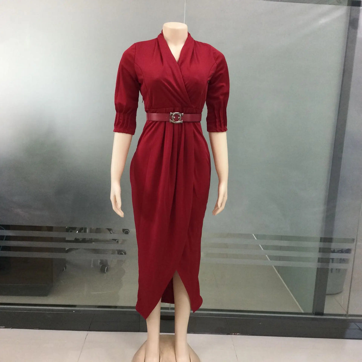 Maxy Elegant Office Ladies Dresses Women Fall Clothes Plus Size Long Sleeve Slim 3XL Dresses With Belt