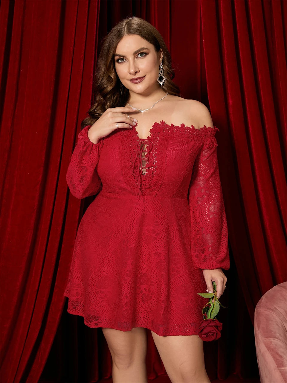 Macy Plus Size Dresses for Women Sexy Off Shoulder Lace Up A Line Mini Lace Dress Chic Elegant Woman Dress Long Sleeves 1102