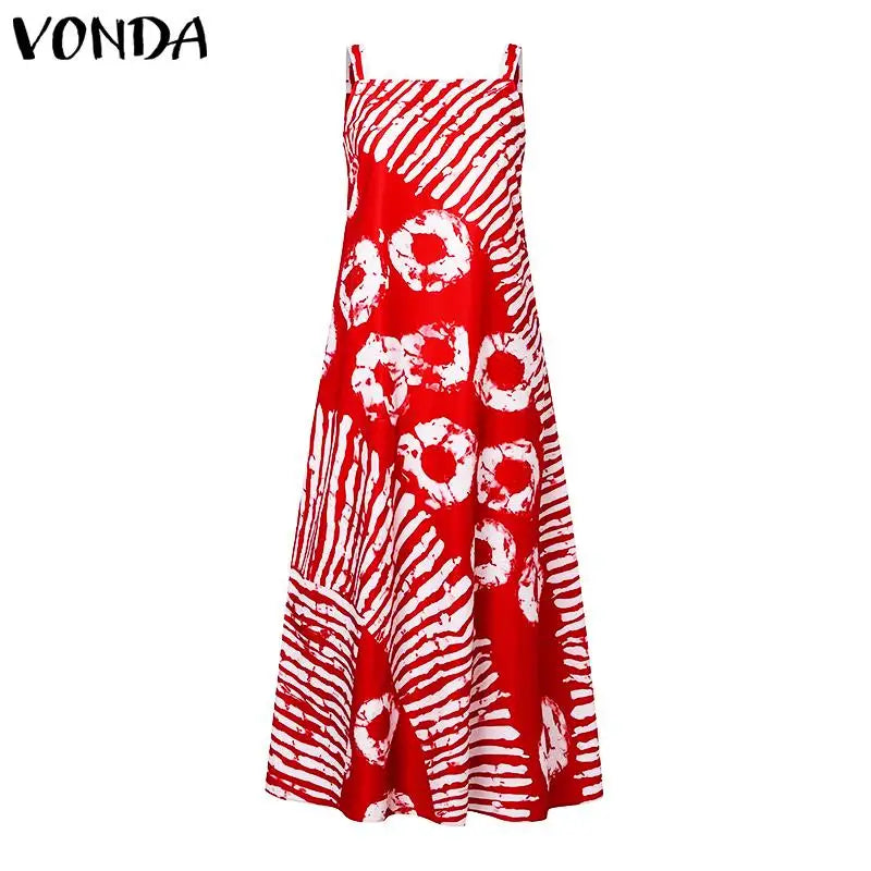 Maxy Plus Size 5XL VONDA Bohemian Printed Maxy Dress Summer Sleeveless Party Beach Sundress Tank Long Casual Loose Robe