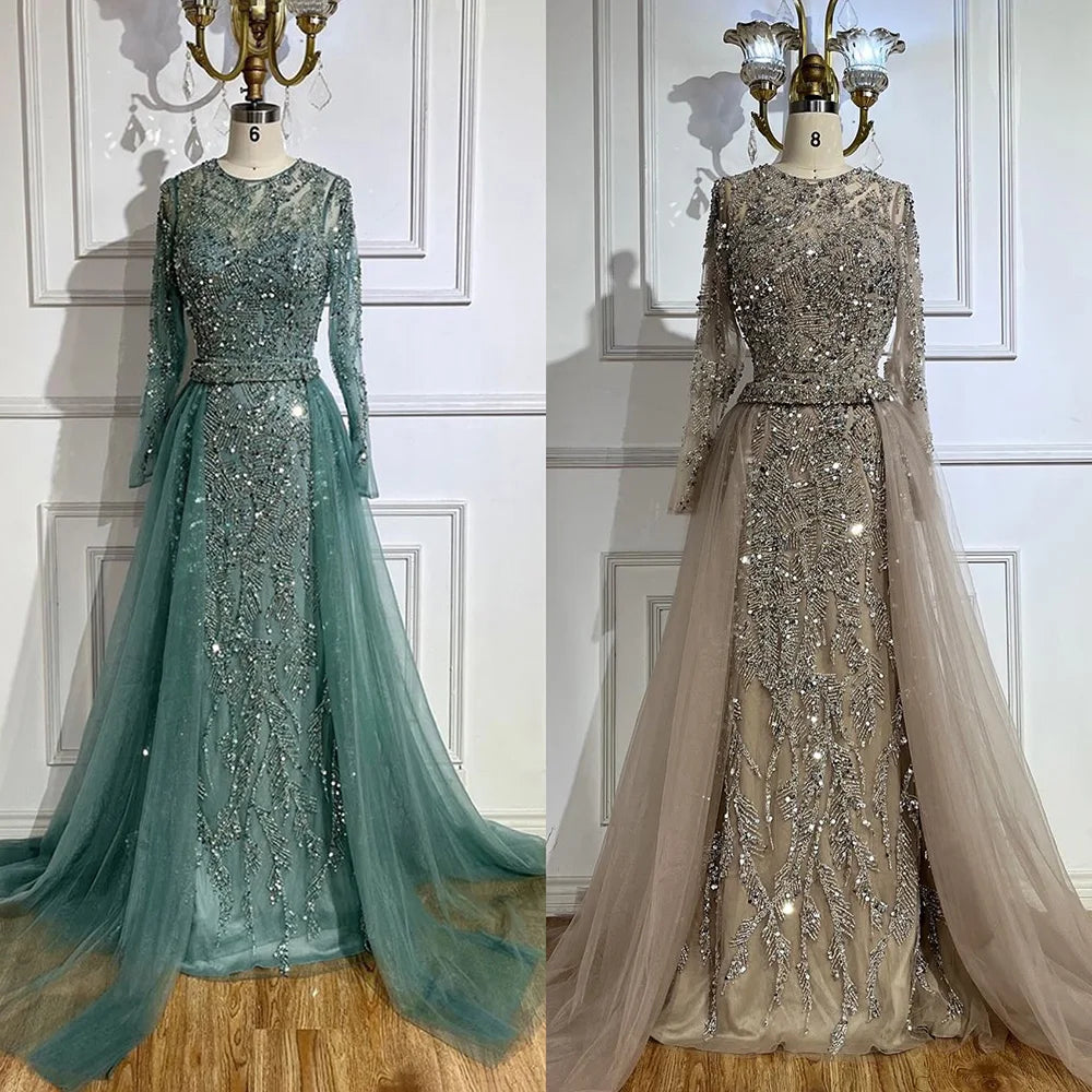Maxy Serene Hill Arabic Turquoise Mermaid Gown with Tulle Overskirt And Beaded | Evening Dresses LA72601 Customized