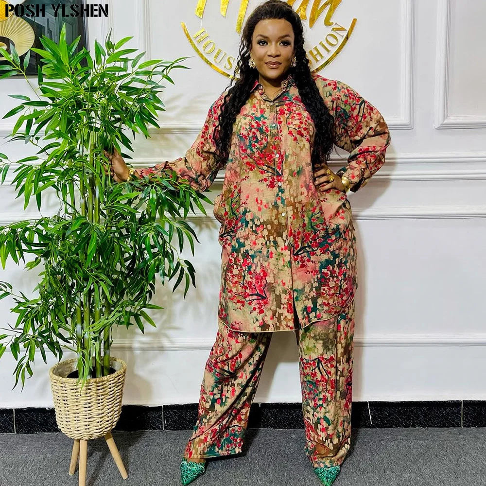 Two Piece Set Clothes for Women African Print Dresses Vacation Outfit 2024 Shirt Pants Suit Dashiki Ankara Turkey Gown Plus Size