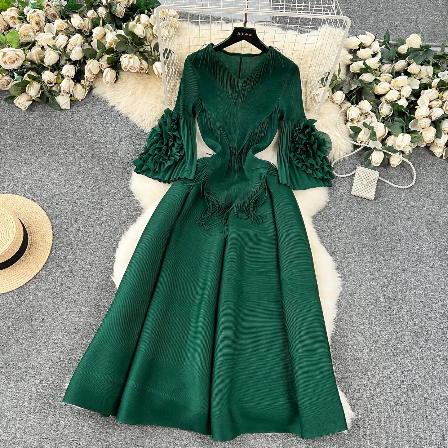 Vintage Elegant V-neck Flare Sleeve tassels pleated Dress A-line Fashion Beach Spring Summer Vestidos Women  Dresses