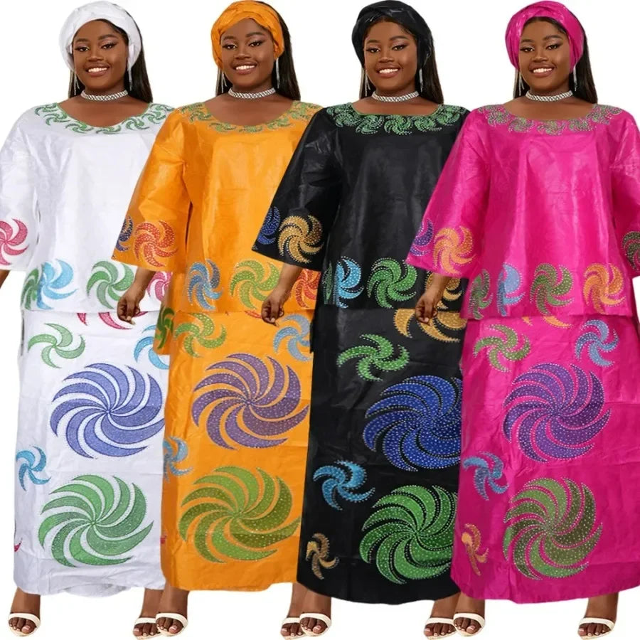 Amay With Headscarf Plus Size African Clothes for Women Dashiki Ankara Evening Gown Outfit Wedding Party Top Skirt Matching Sets