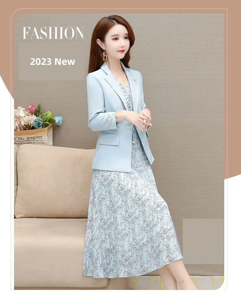 Maxy Women's Dress Set Spring Summer New Fashion Floral Suit Jacket+chiffon Skirt Two-piece Korean Casual Blazers Matching Sets