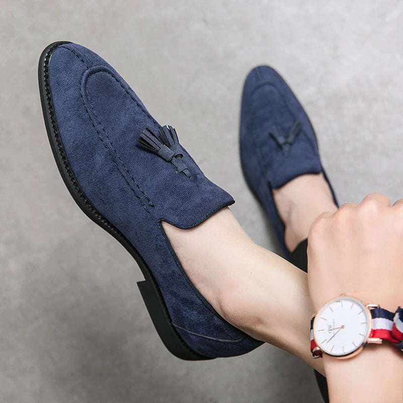 Visco Men's Loafers Brand Suede Leather Shoes Vintage Slip-on Classic Casual Men Driving Shoes Wedding Male Dress Shoes Tassel pointed