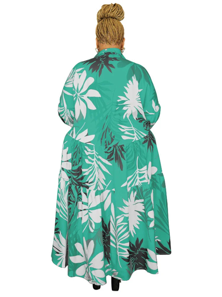 Maxy Plus Size Women Clothing Dresses Xl-5xl Flower Printed Long Sleeve Shirts Elegant Dress.