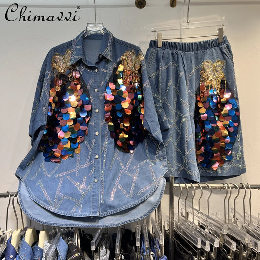 Maxy European Station High Fashion Denim Shirt Top Summer New Heavy Sequined Butterfly Tassel Pants 2-piece Women's Outfits