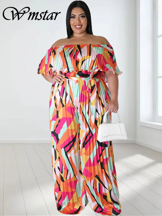 Maxy Plus Size Jumpsuit Women Clothing Pleated Wide Leg Off Shoulder Romper Printed One Piece Outfits