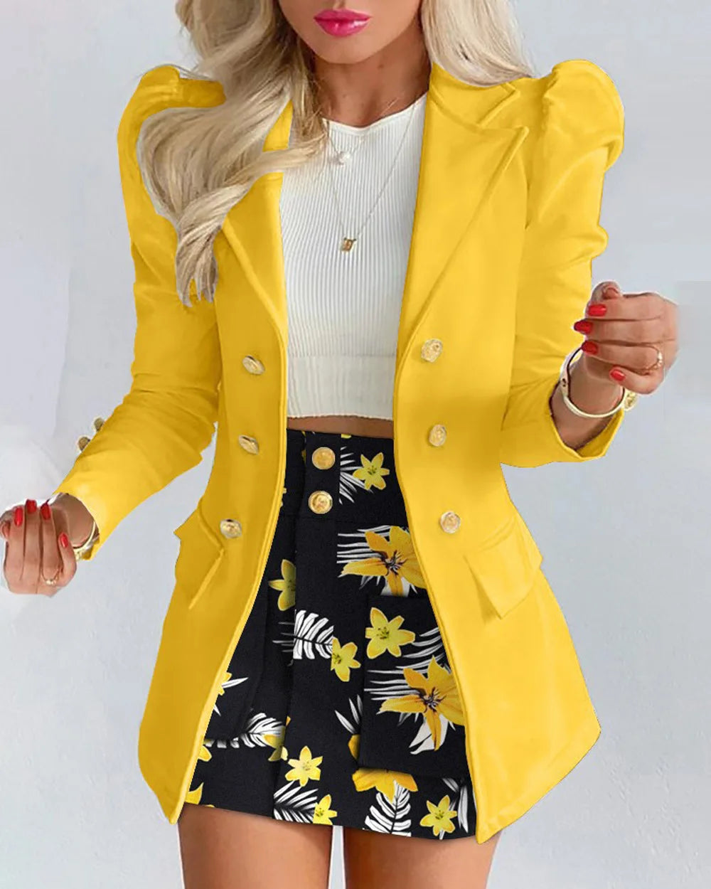 Spring Autumn New Printed Suit Set Short Skirt Women's Temperament Slim Tops Coat + Half Mini Skirt Female Office Suit Sets Kirt