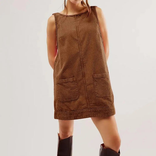 Maxy Women Corduroy Vest Dress Pure Color Backless Above Knee Length Dress With Pockets A-line Sleeveless Lady Mini Dress For Dating