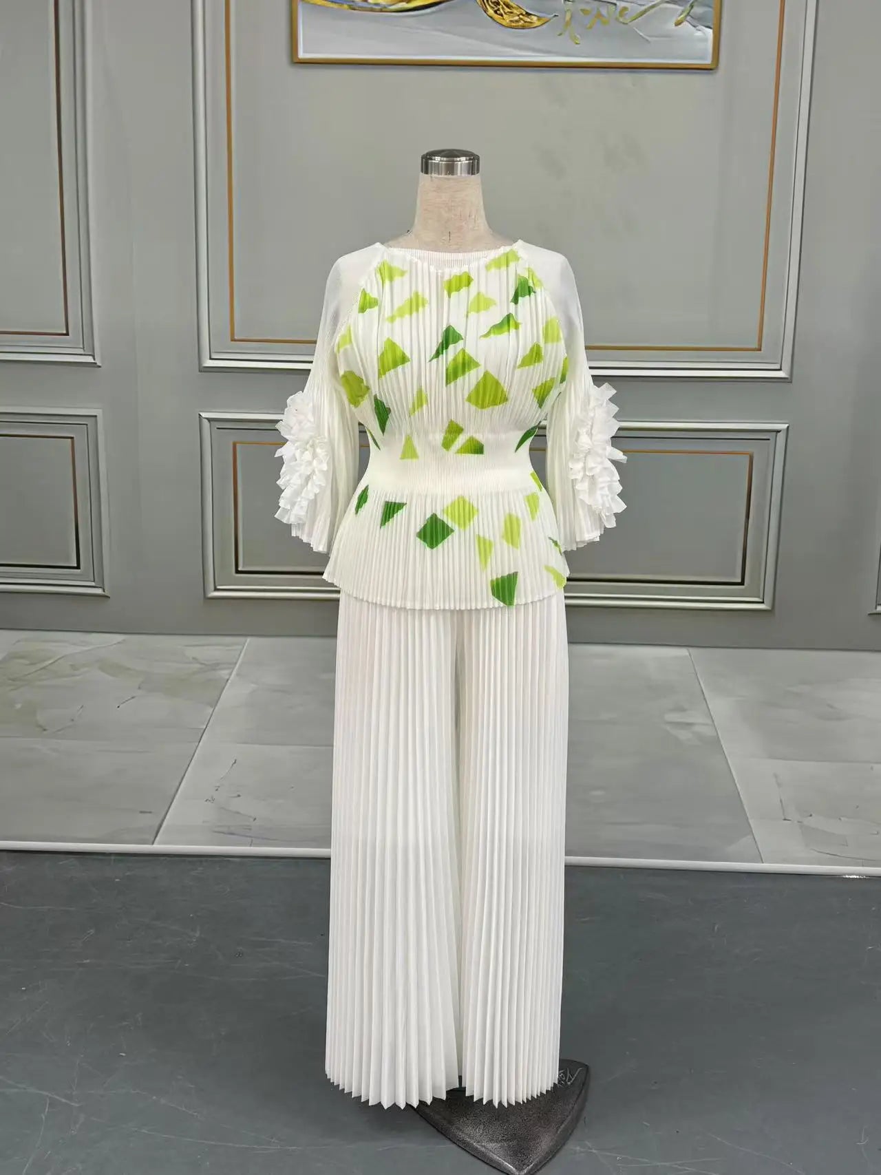 Maxy Pleated Print Pants Set Women O-Neck 3D Flowers T Shirt + Wide Leg Trousers Loose New 2025 Female Two Piece Sets