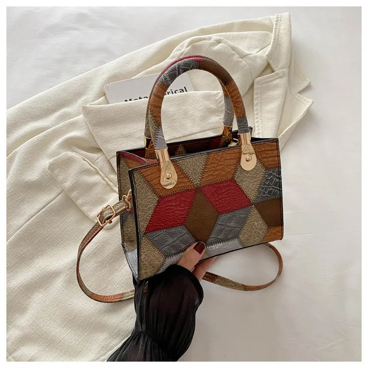 Maxy Fashion Patchwork Leather PU Top-handle Bags For Women, Square Design Ladies Handbags Crossbody Shoulder Bags For Daily Used