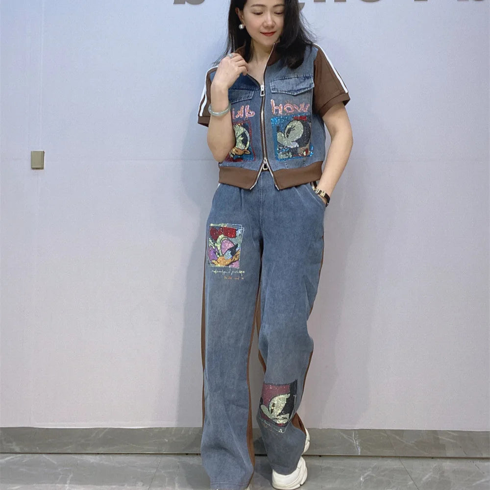 Maxy Short Zipper Cardigan and Pant Two-piece Sets Women Summer Fashion Sportswear Short Sleeve Top Long Pants Hot Diamond Denim Suit